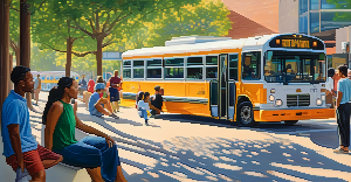 A lively bus station in Austin filled with diverse people waiting for their buses under the sunlight.