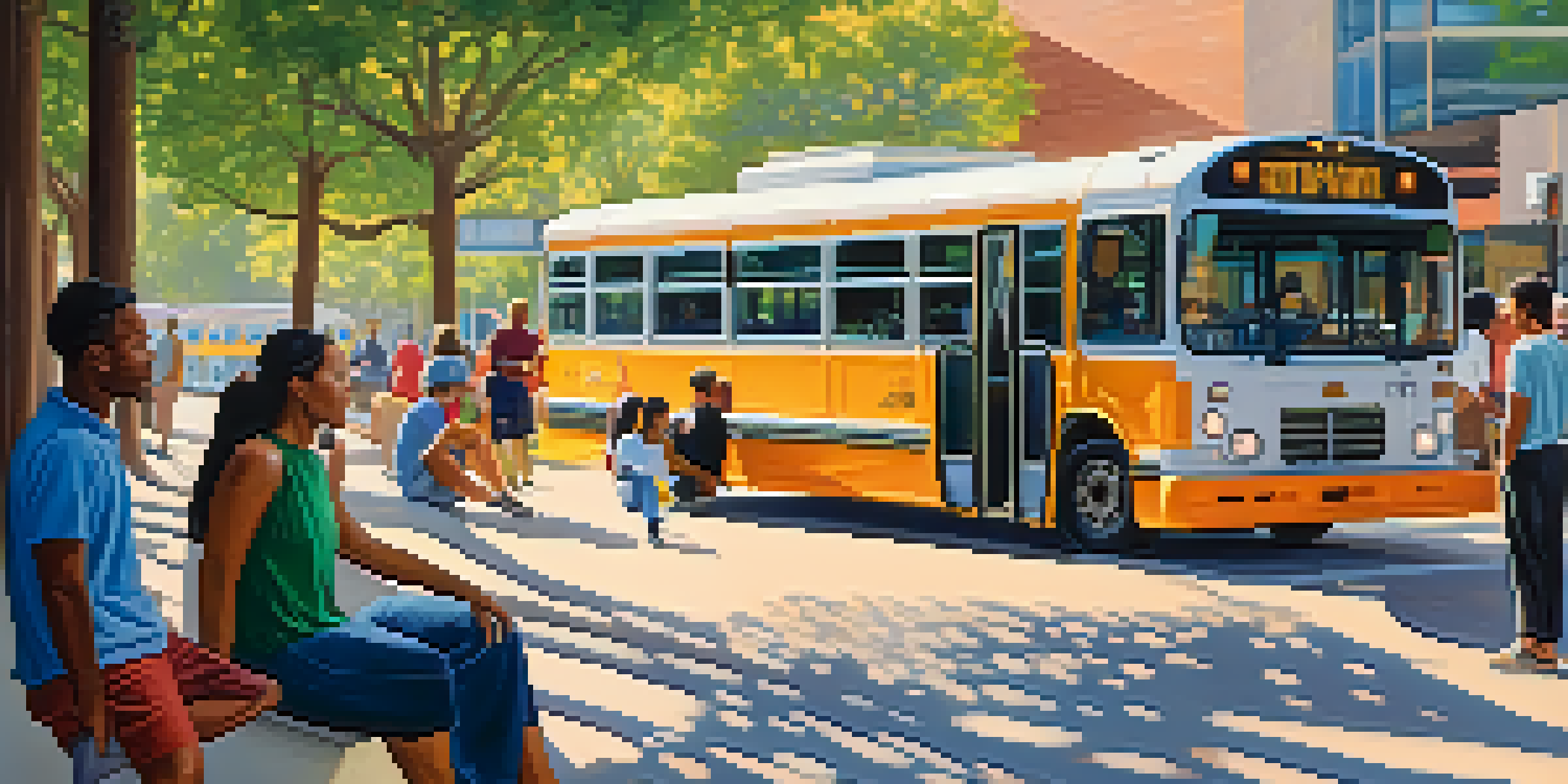 A lively bus station in Austin filled with diverse people waiting for their buses under the sunlight.