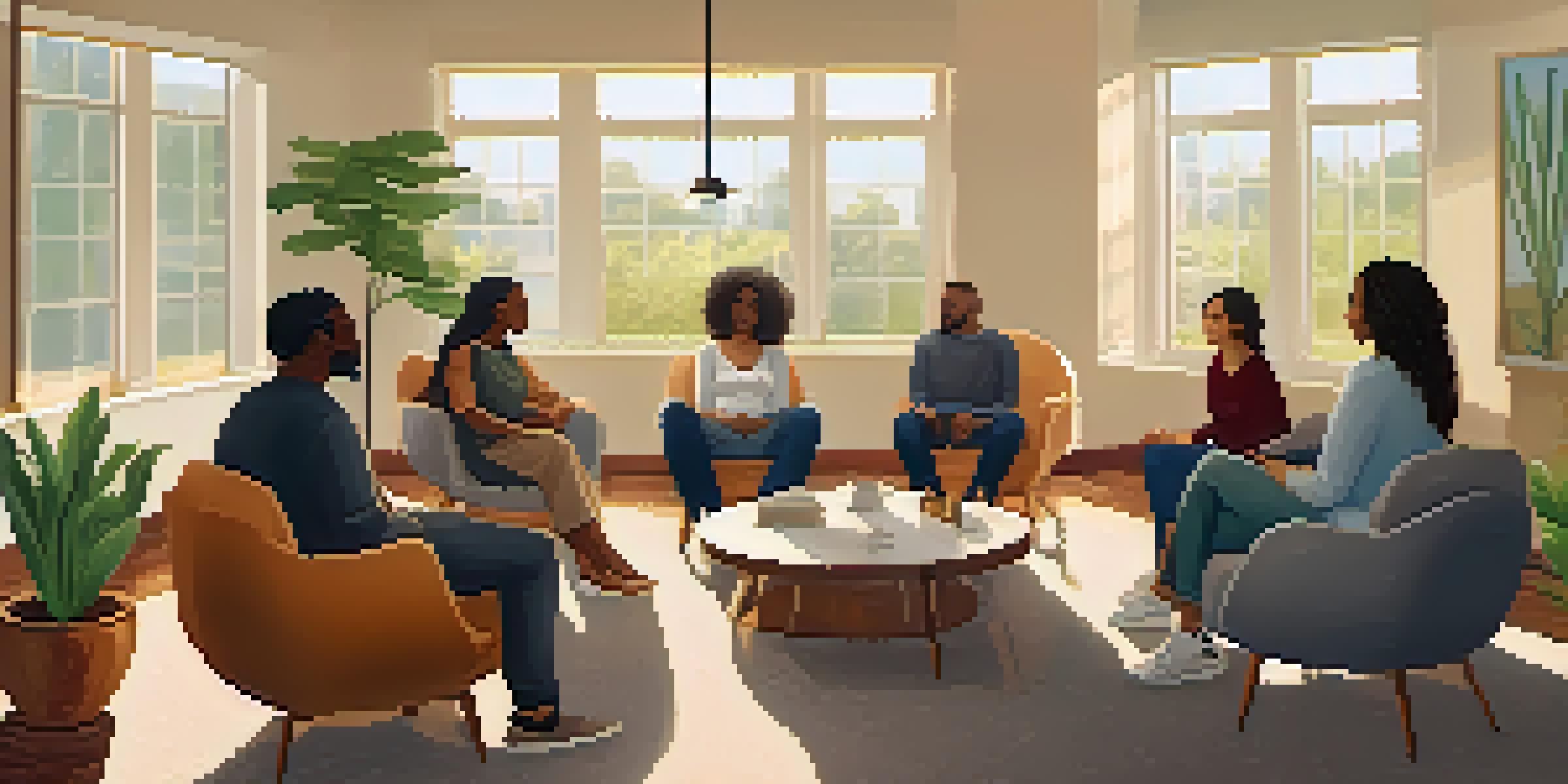 A diverse group of individuals sitting in a circle during a mental health support group meeting in a warmly lit room, surrounded by calming artwork and plants.