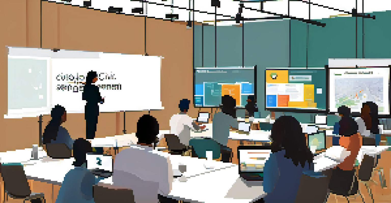 A digital workshop on civic engagement with attendees using laptops and interacting with a presenter in a modern conference room.