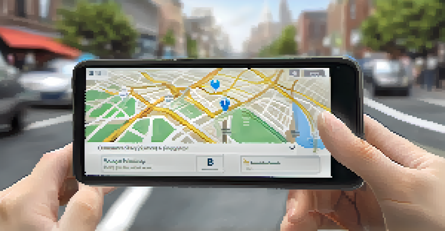 Close-up of a smartphone with a civic tech application showing community issues on an interactive map, with a blurred city background.