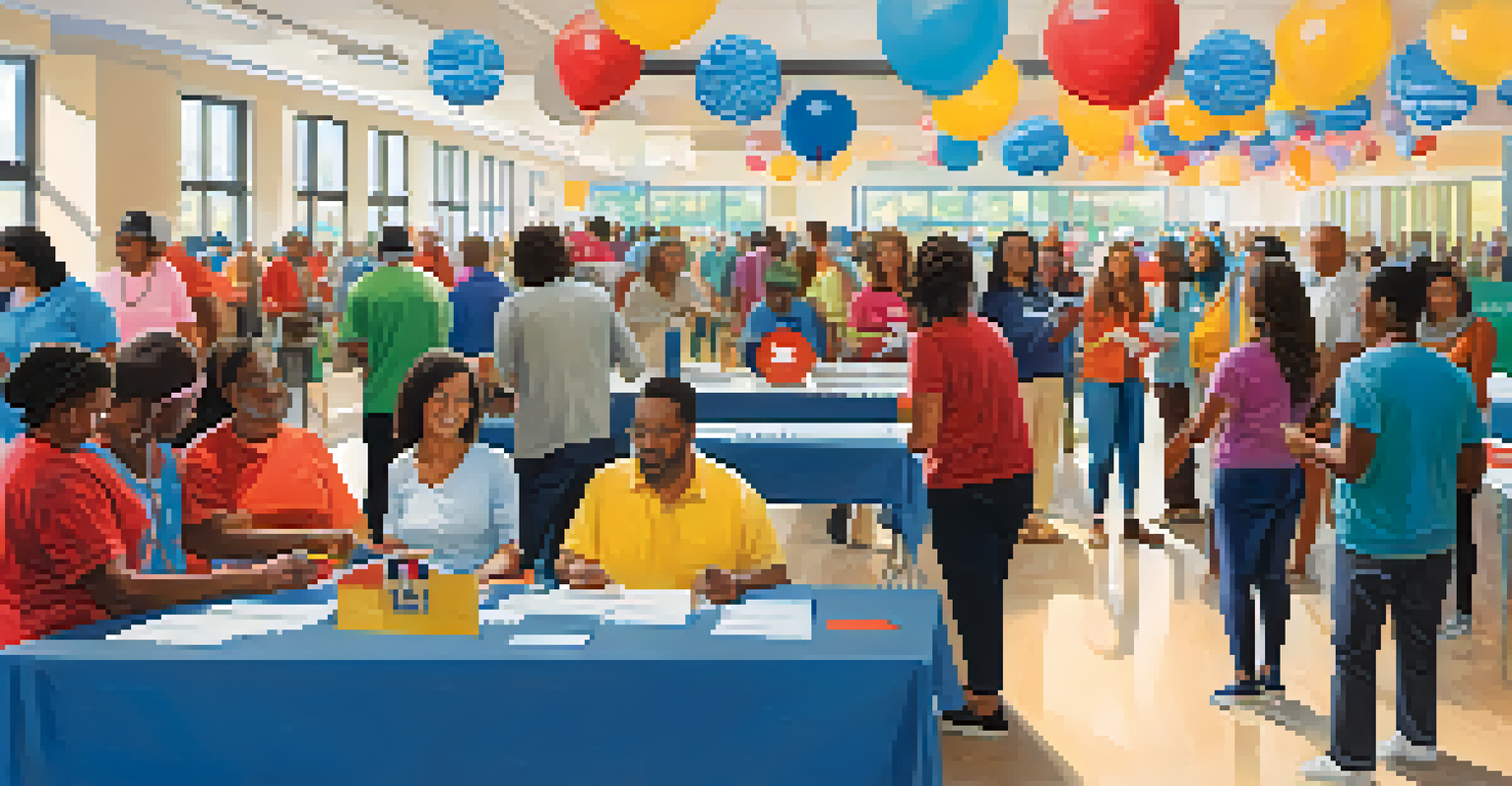 A busy voter registration event with volunteers helping residents in a community center in Austin.