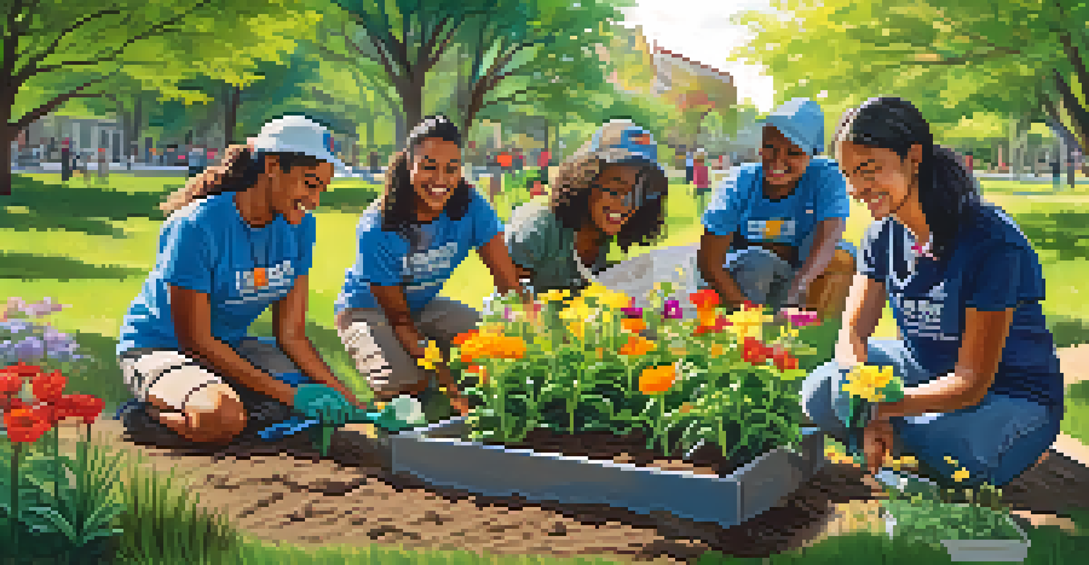 Volunteers from diverse backgrounds working together on a community service project in a park, planting flowers and painting.