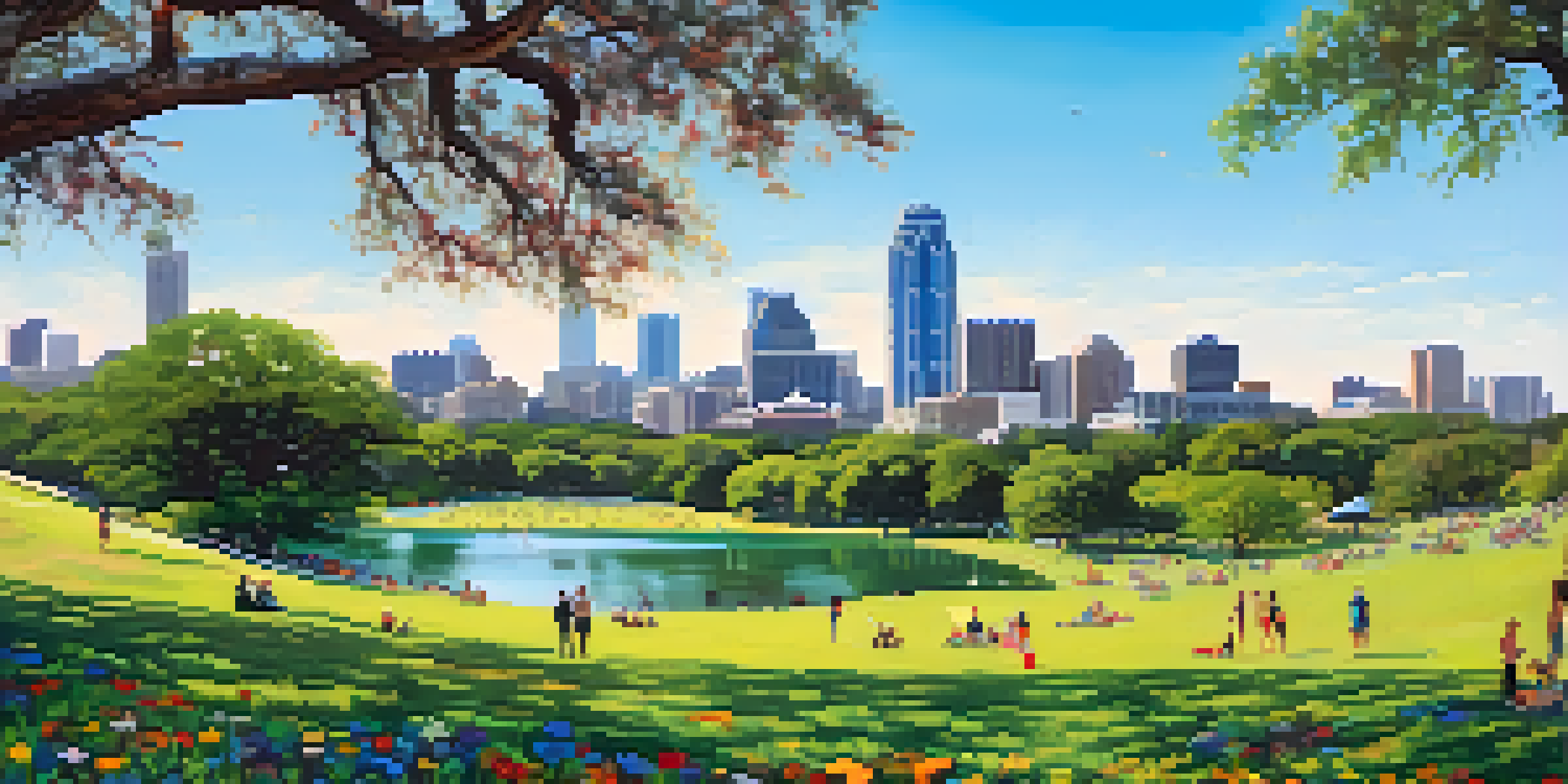 A picturesque scene of Zilker Park with vibrant green lawns, colorful wildflowers, and the Austin skyline in the background, featuring people enjoying picnics and walking.