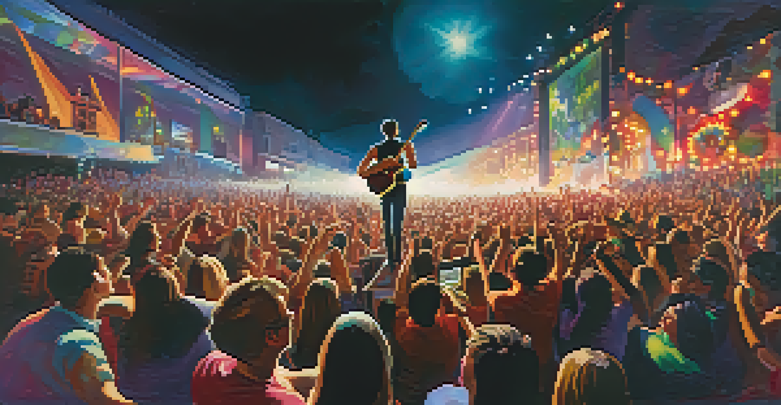A musician performing on stage at a festival, surrounded by an excited audience with colorful stage lights.