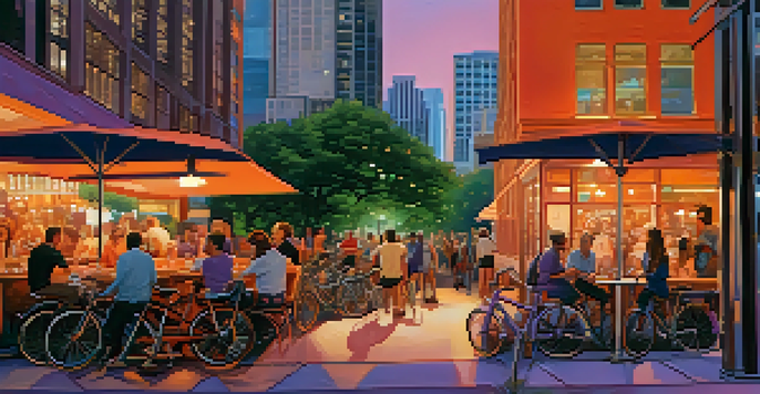 A sunset view of Austin's cityscape, featuring modern skyscrapers and historic buildings, with people dining at outdoor cafes and vibrant sky colors.