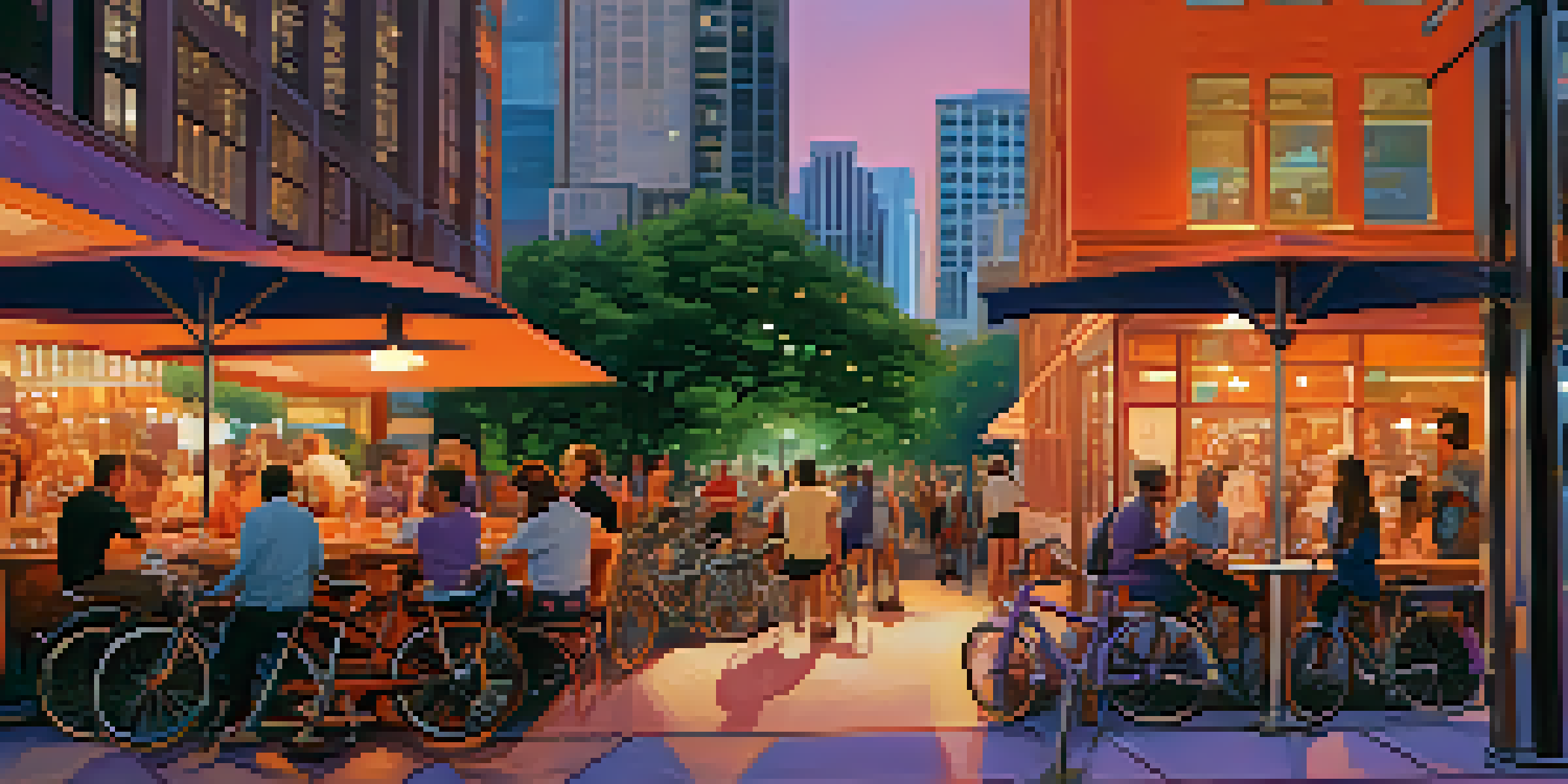 A sunset view of Austin's cityscape, featuring modern skyscrapers and historic buildings, with people dining at outdoor cafes and vibrant sky colors.