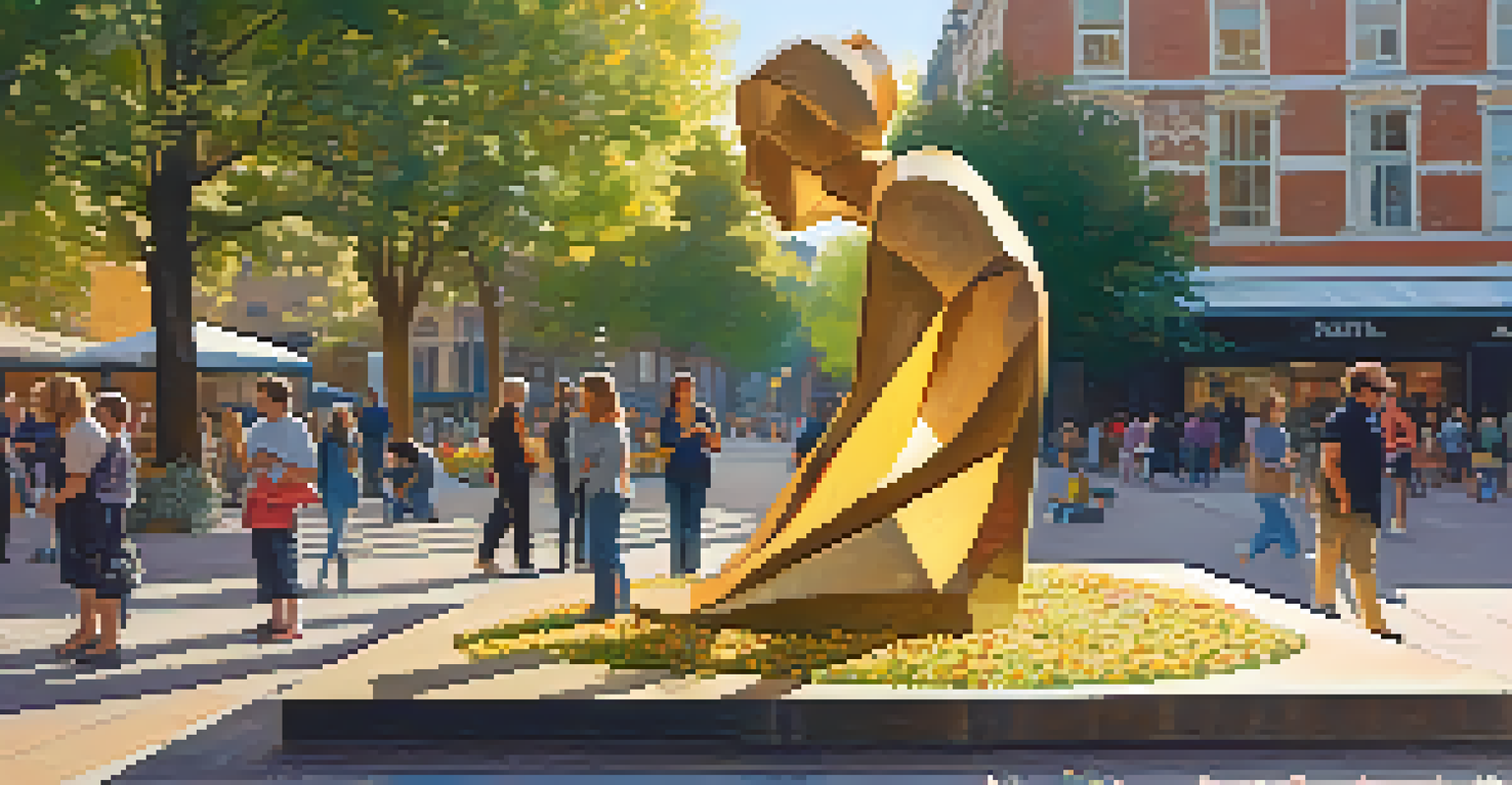 An abstract public sculpture made of recycled materials in a busy city square, surrounded by people and nature during golden hour.