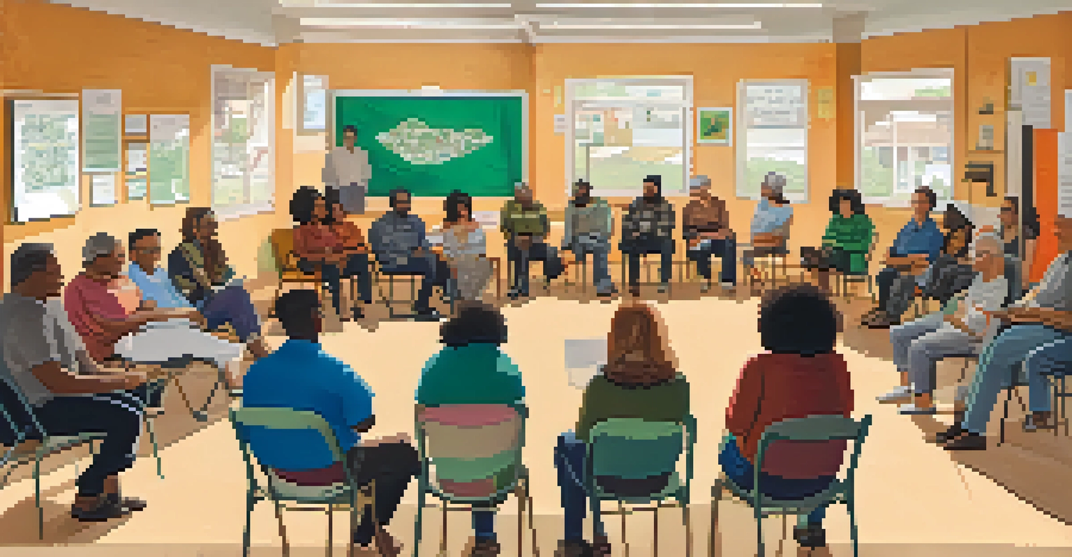 A community meeting in a neighborhood hall in Austin, with diverse residents discussing sustainability and housing issues, surrounded by charts and posters.