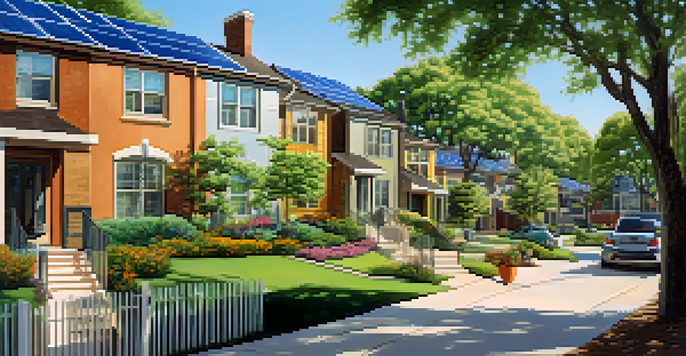 A suburban neighborhood in Austin featuring homes with solar panels on their roofs under a clear blue sky, surrounded by greenery.