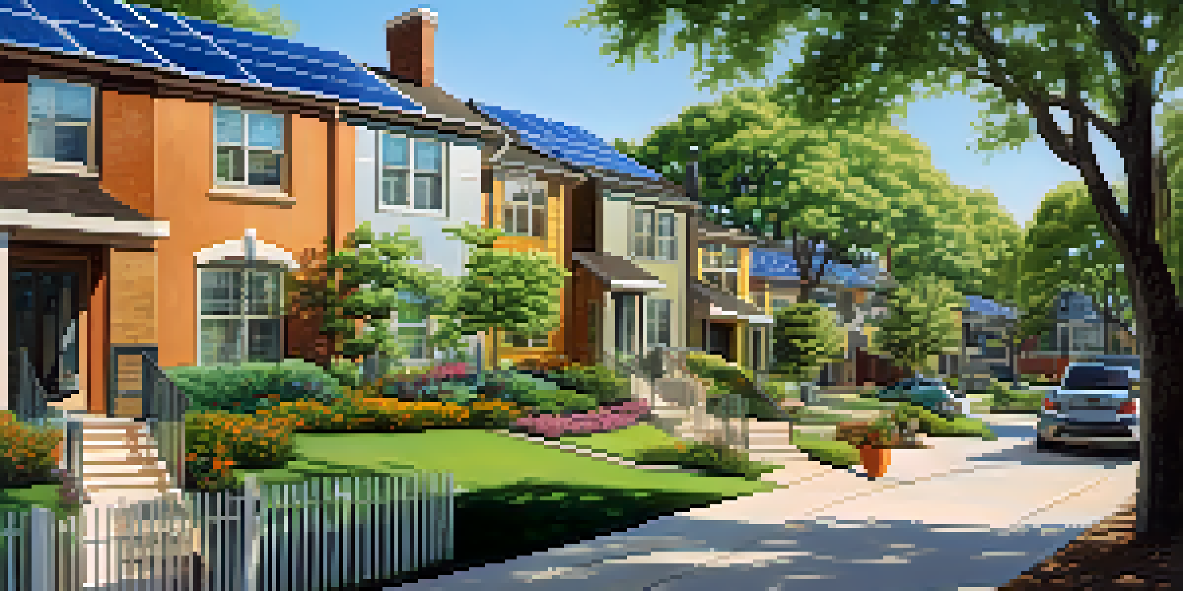 A suburban neighborhood in Austin featuring homes with solar panels on their roofs under a clear blue sky, surrounded by greenery.
