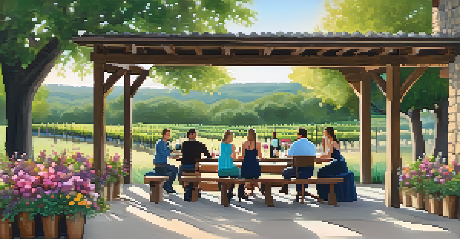 A cozy outdoor wine tasting area at a family-owned winery, with guests enjoying wine and conversation surrounded by flowers.