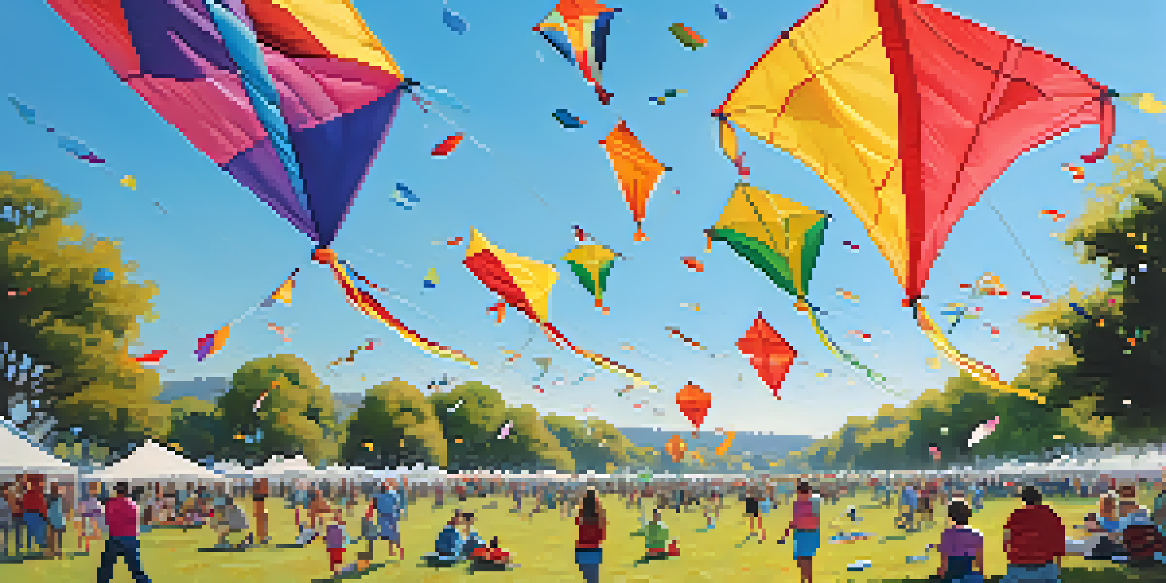 Families enjoying the Austin Kite Festival with colorful kites in the sky and a picnic on the grass.