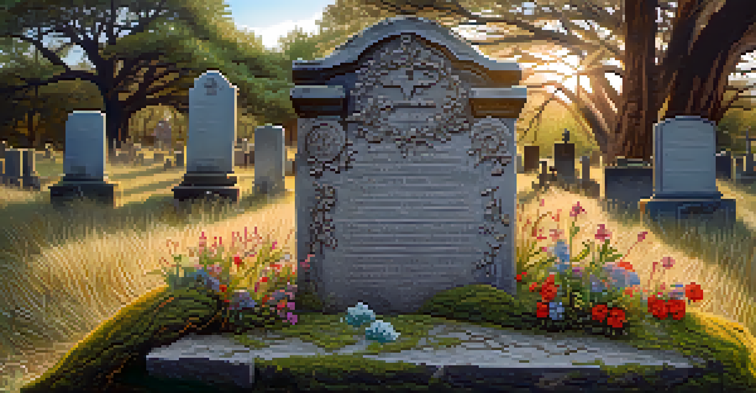 Close-up view of a beautifully carved gravestone in the Historic German-Texan Cemetery, surrounded by moss and wildflowers in soft morning light.
