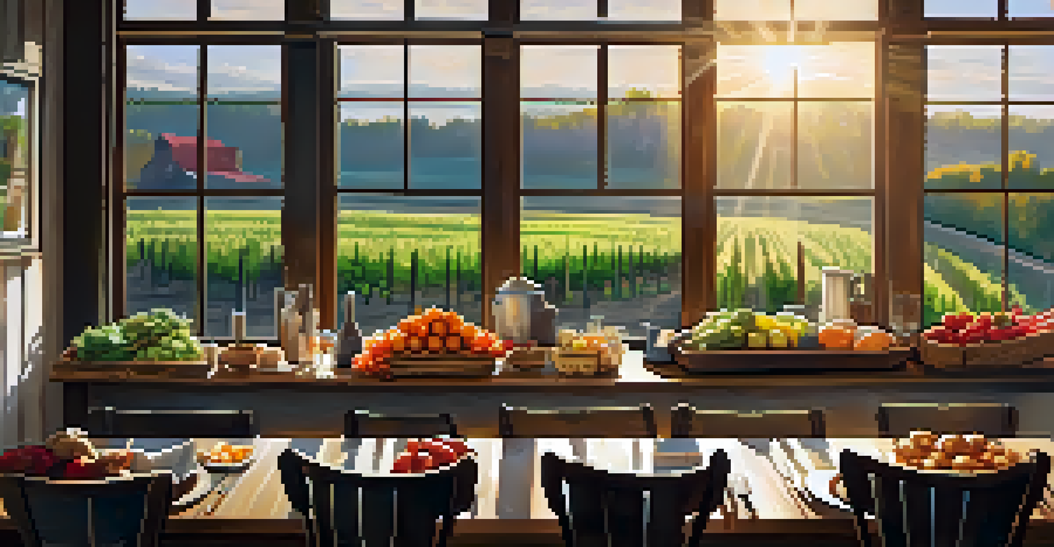An inviting farm-to-table restaurant with a long wooden table set up with fresh produce and rustic decor.