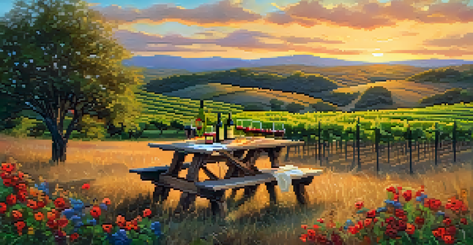 A scenic sunset view of vineyards in Texas Hill Country, featuring wildflowers and a picnic table with wine.