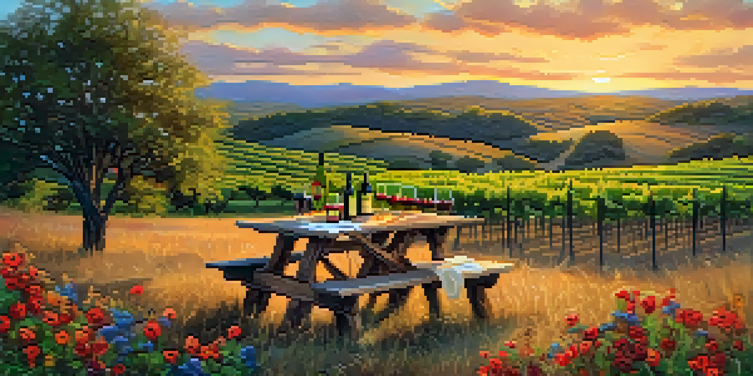 A scenic sunset view of vineyards in Texas Hill Country, featuring wildflowers and a picnic table with wine.
