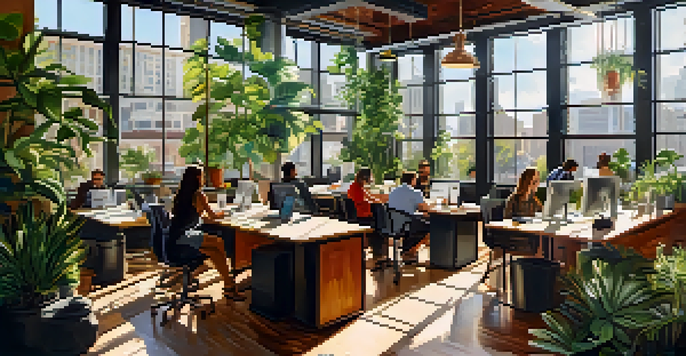 A lively coworking space in downtown Austin with people working together, large windows allowing sunlight, and artistic decor.