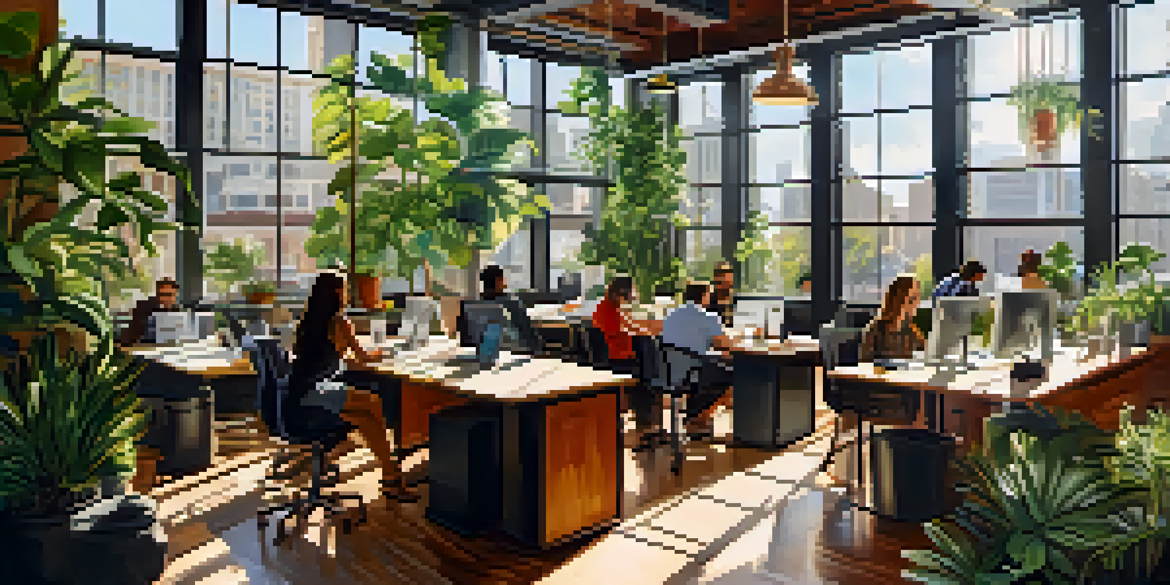 A lively coworking space in downtown Austin with people working together, large windows allowing sunlight, and artistic decor.