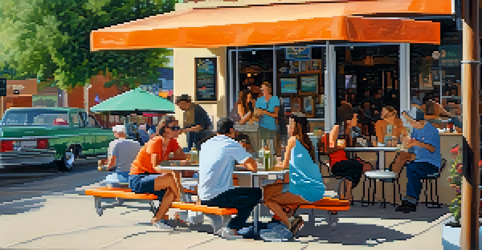 An inviting outdoor cafe in South Congress with colorful furniture, people dining, and an artist painting, reflecting community spirit.