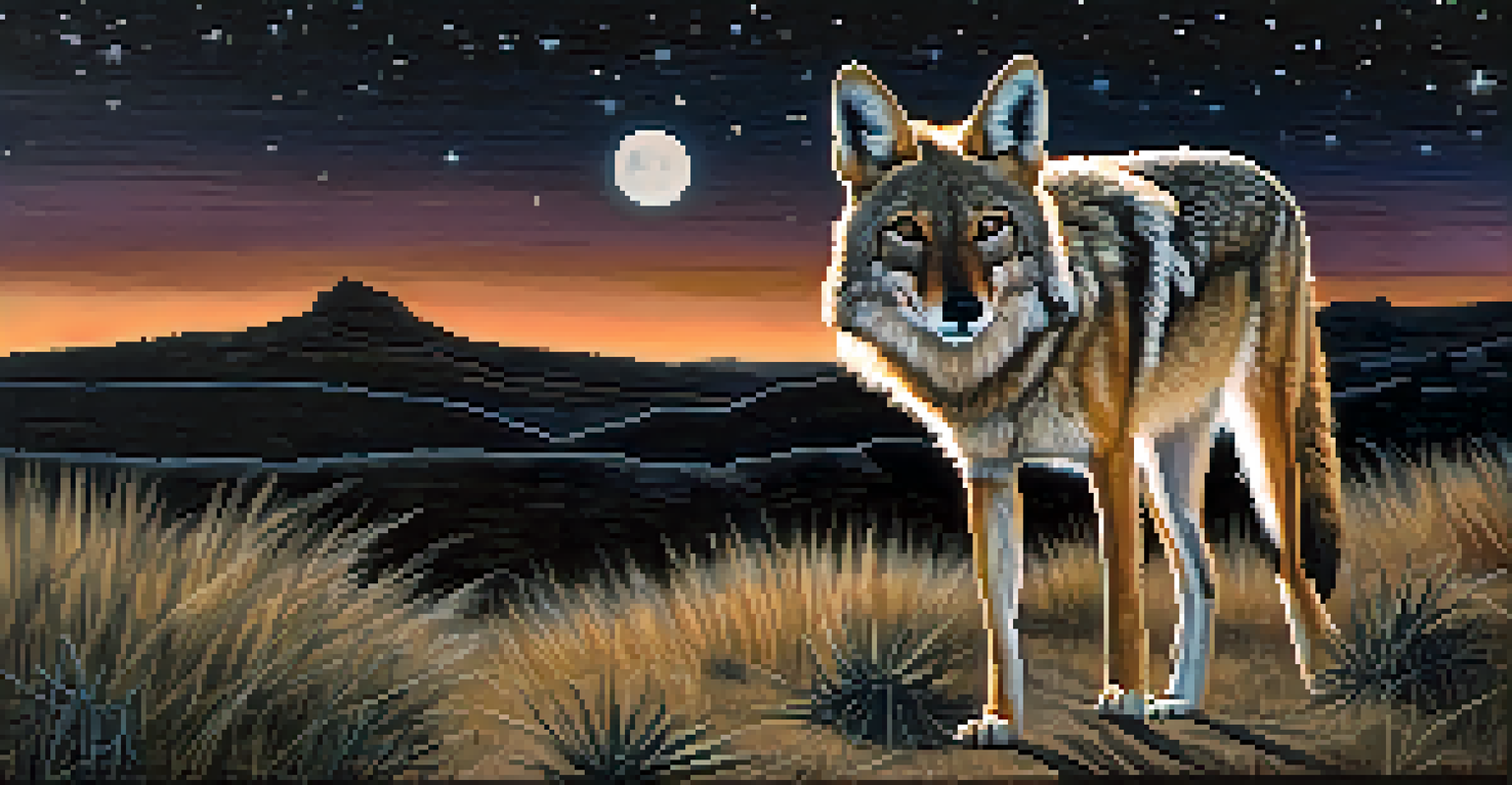 A close-up of a gaunt coyote against a starry Texas night sky, hinting at the Chupacabra legend.