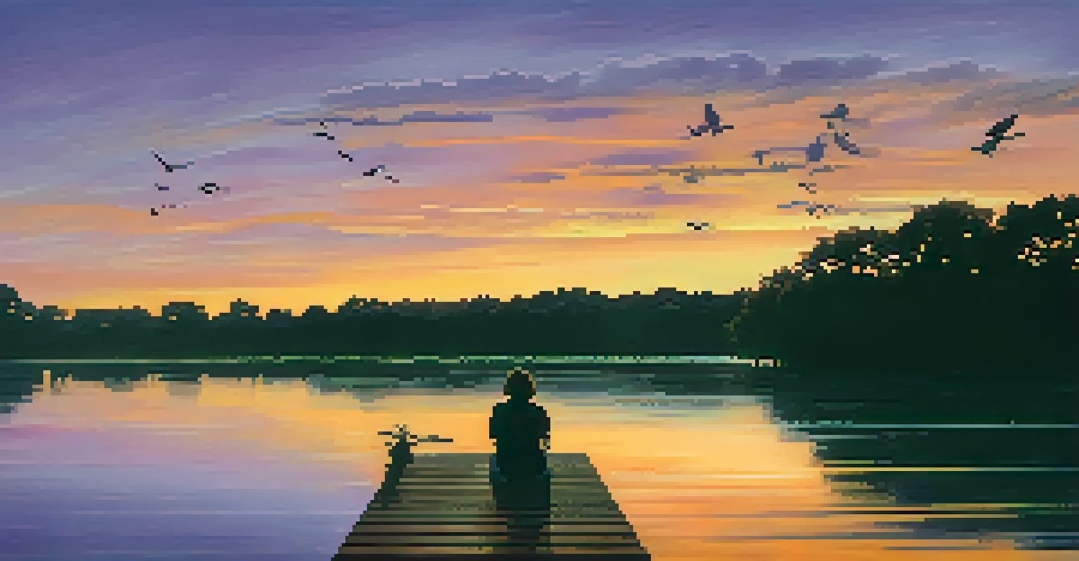 A tranquil sunset view at Lady Bird Lake, featuring a person birdwatching from a dock, with colorful reflections on the water and silhouettes of trees.