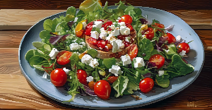 A colorful gourmet salad with mixed greens, cherry tomatoes, and crumbled feta cheese on a wooden board, garnished with edible flowers.