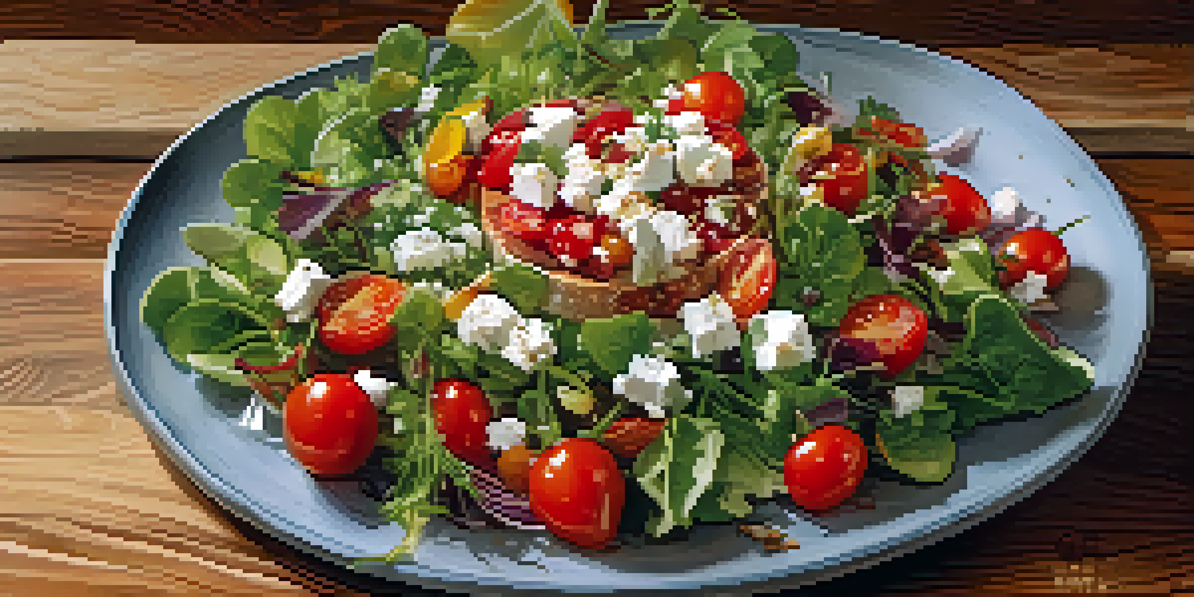 A colorful gourmet salad with mixed greens, cherry tomatoes, and crumbled feta cheese on a wooden board, garnished with edible flowers.