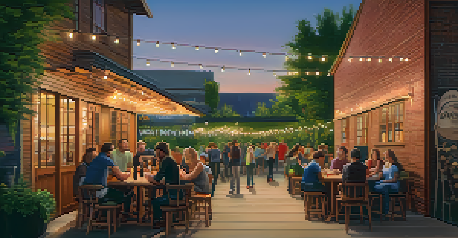 An outdoor patio of a craft brewery at sunset, with patrons at wooden tables and string lights overhead.