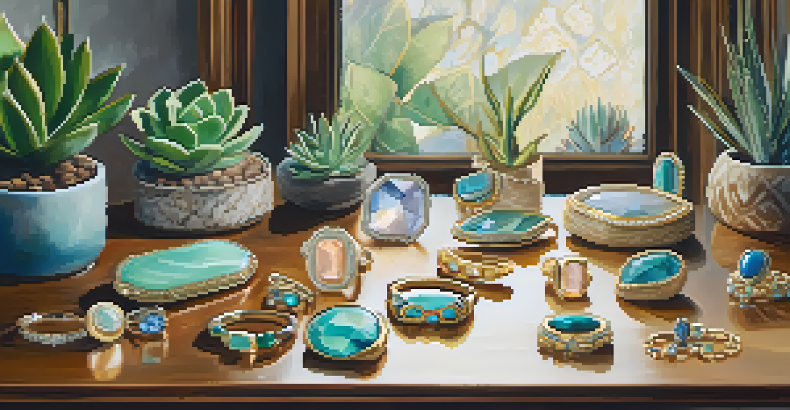 Kendra Scott jewelry elegantly displayed on a rustic table with natural elements and soft lighting, highlighting vibrant colors and intricate designs.