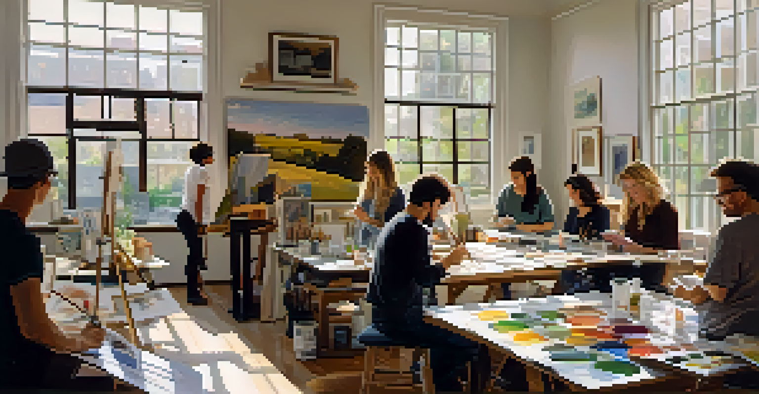 A studio workshop with artists sharing techniques and collaborating, filled with natural light and art materials.