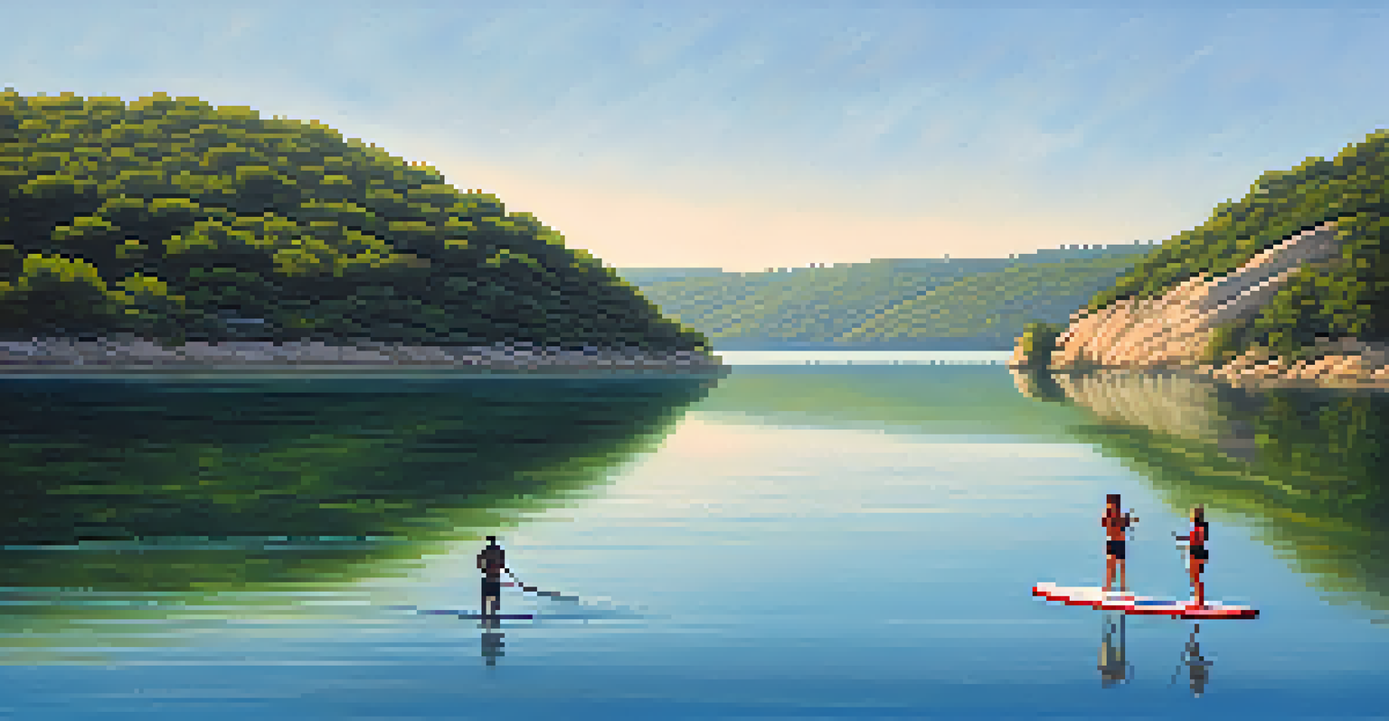 Early morning view of Lake Travis with paddleboarders on tranquil waters and mist rising from the lake.