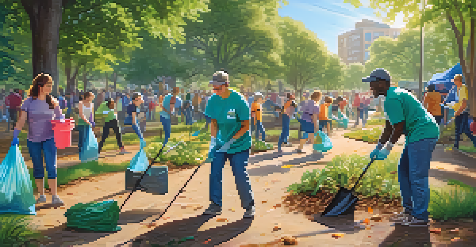 Volunteers participating in a community clean-up event in a park, surrounded by greenery and sunlight.