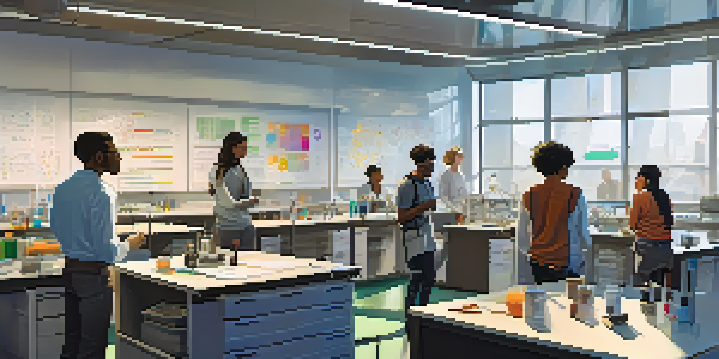 A diverse group of students working together in a bright university lab, surrounded by advanced equipment and charts.
