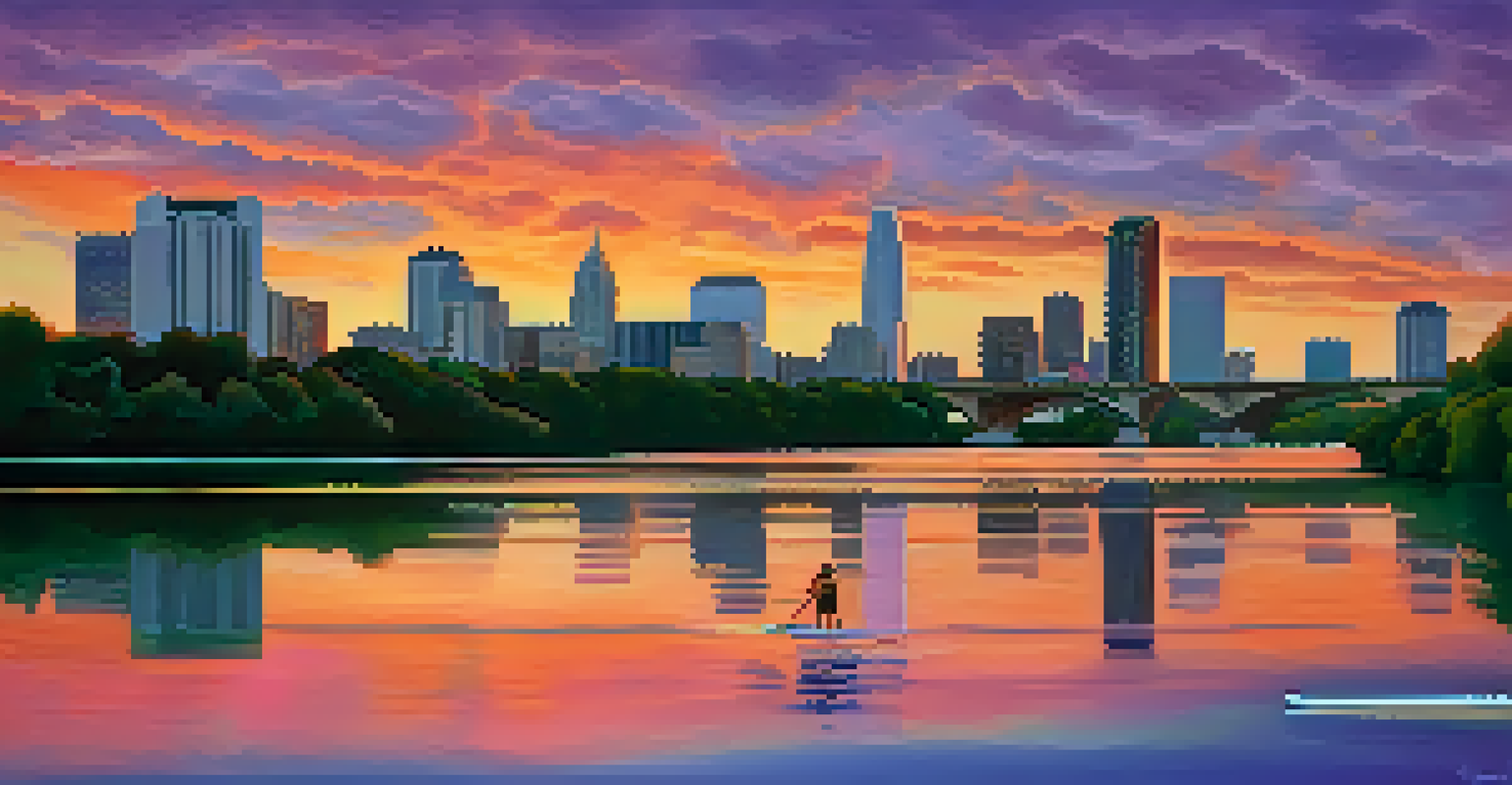 A tranquil sunset view of Lady Bird Lake, with downtown Austin silhouetted in the background and colorful reflections on the water.