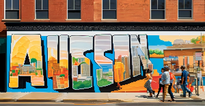A busy street in Downtown Austin featuring the colorful 'Greetings from Austin' mural on a brick wall, with people and shops around.