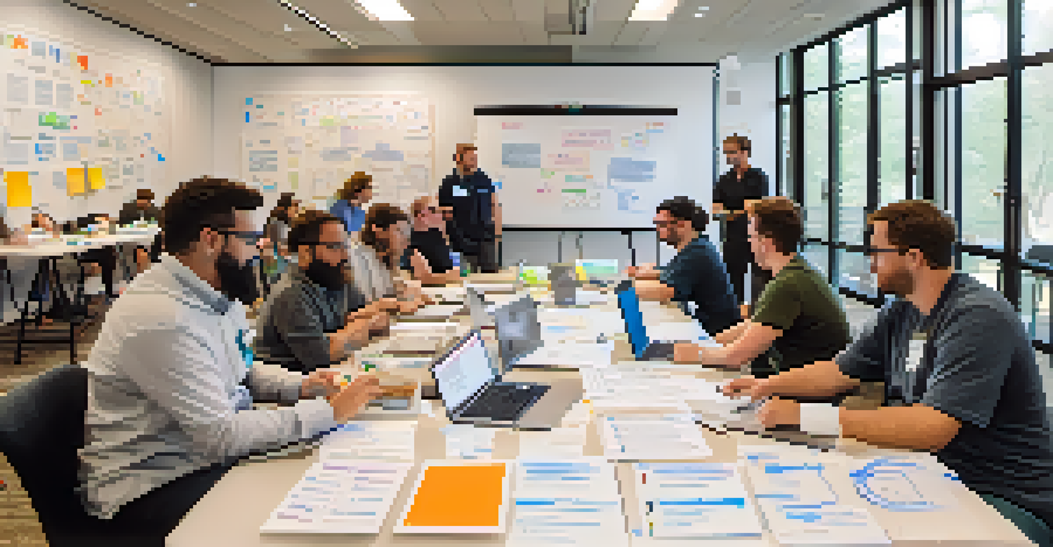 A collaborative workshop at DevOpsDays Austin with professionals discussing and sharing ideas around a table.