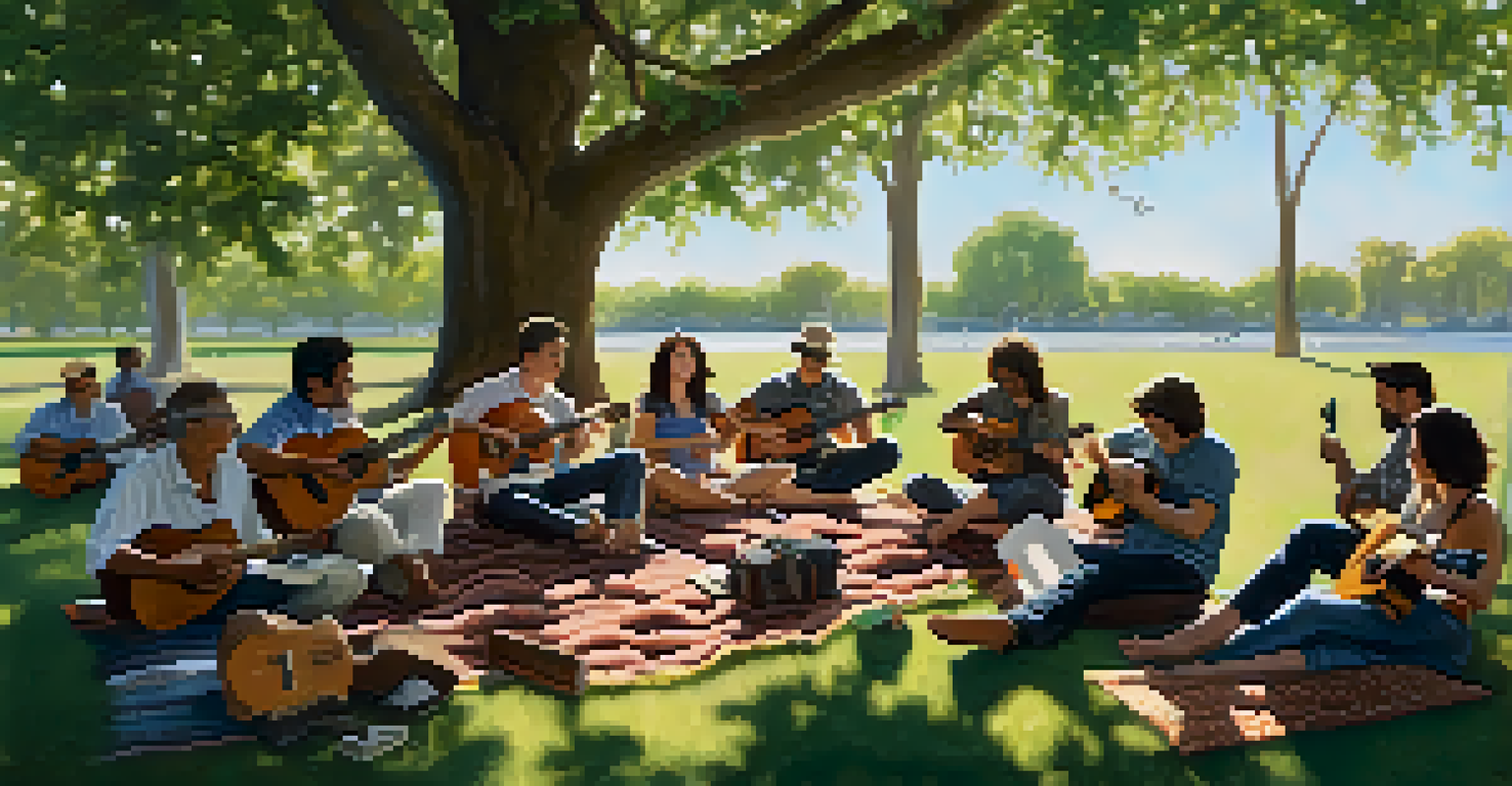 Participants in a park gathering, playing ukuleles under trees with notes scattered around.