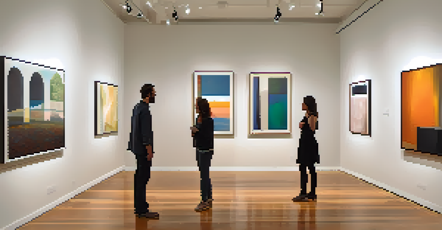 An intimate gallery in Austin with contemporary artworks and visitors discussing the pieces under soft lighting.