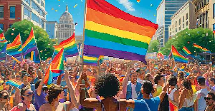 A lively crowd celebrating Austin Pride with colorful banners and flags in a vibrant street scene, downtown buildings in the background.