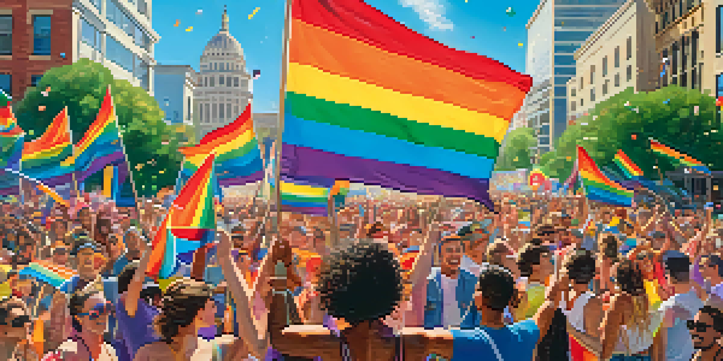 A lively crowd celebrating Austin Pride with colorful banners and flags in a vibrant street scene, downtown buildings in the background.