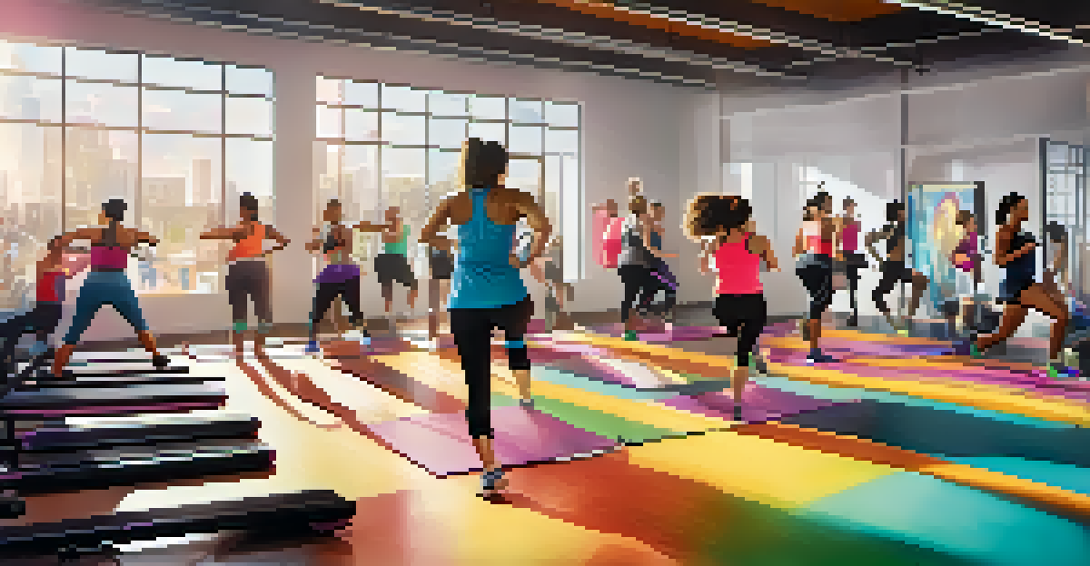 A diverse group of people participating in a high-energy fitness class in a brightly lit gym.