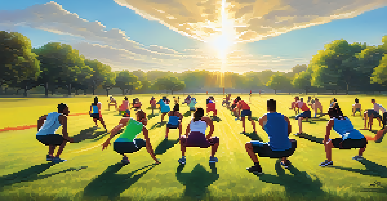 A diverse group of participants engaged in a boot camp workout in an open field, with a trainer motivating them.