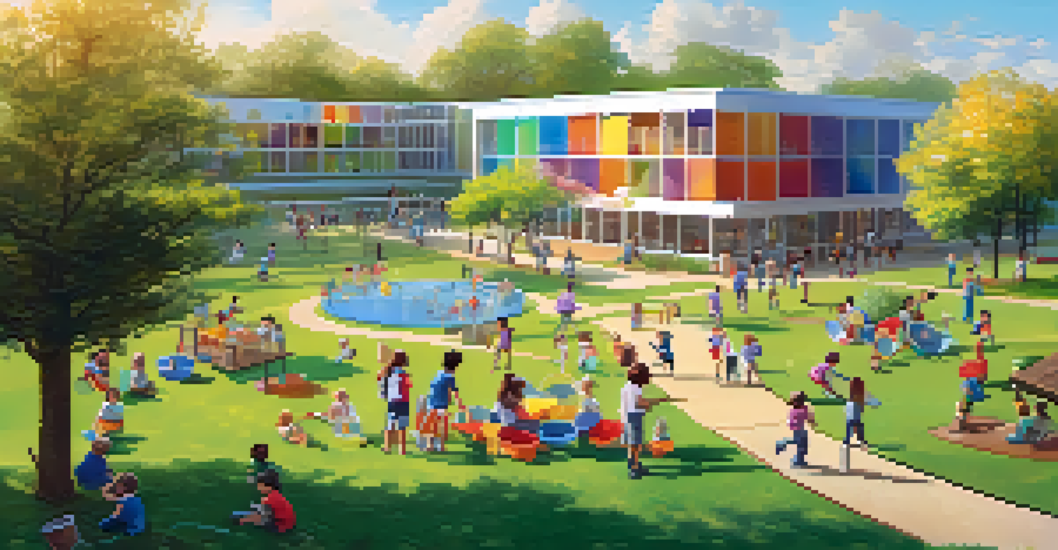 Children are actively engaged in outdoor science experiments in a sunny park, surrounded by greenery and colorful activity stations.