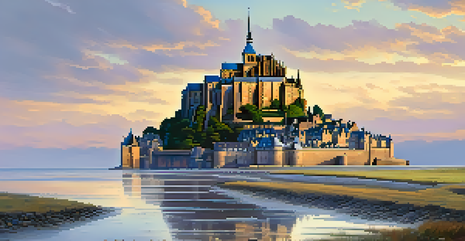 A stunning view of Mont Saint-Michel, an iconic abbey on a rocky island, surrounded by changing tides and a colorful sky.
