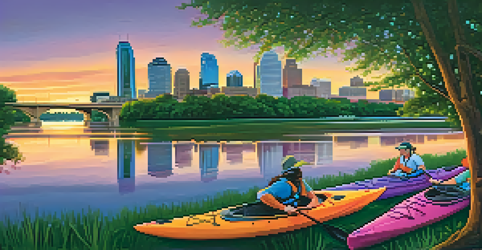 A sunset view over Lady Bird Lake with kayakers on the water and the city skyline in the background.