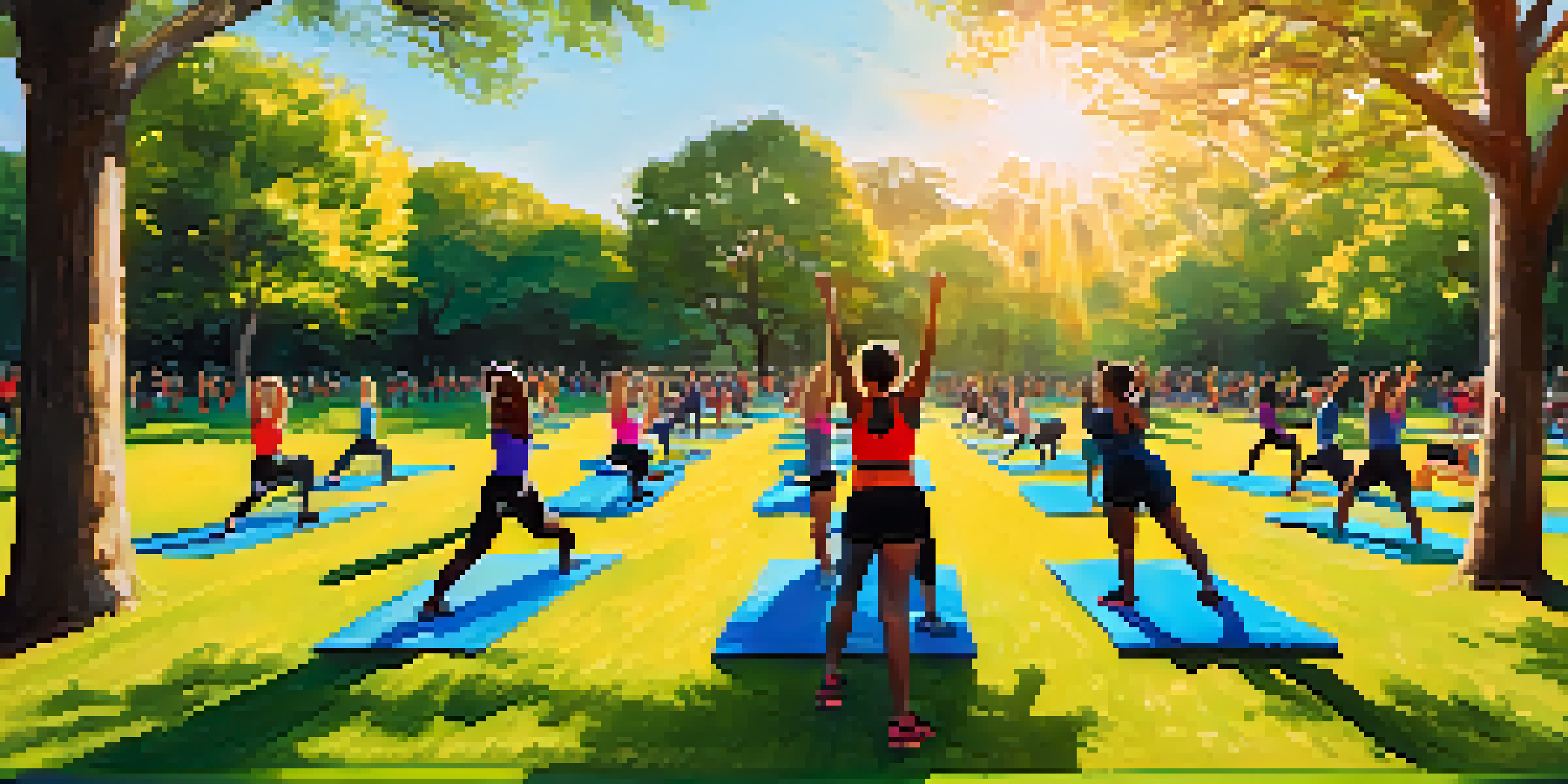 A diverse group of participants engaged in a high-energy boot camp class at Zilker Park, Austin, with colorful mats and equipment under bright sunlight.