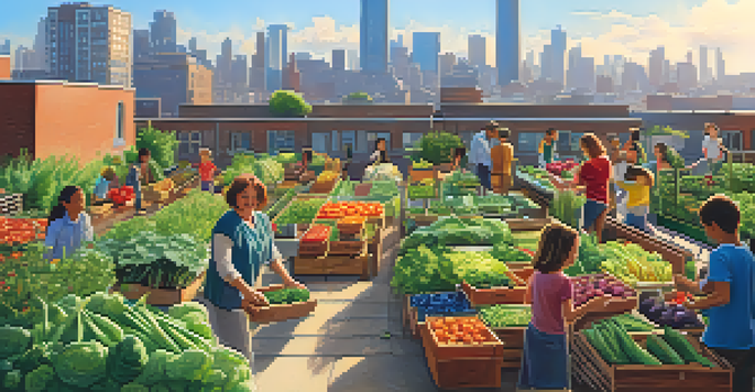 A lively rooftop urban garden with colorful vegetables and herbs, where diverse people interact and gather under a bright blue sky.