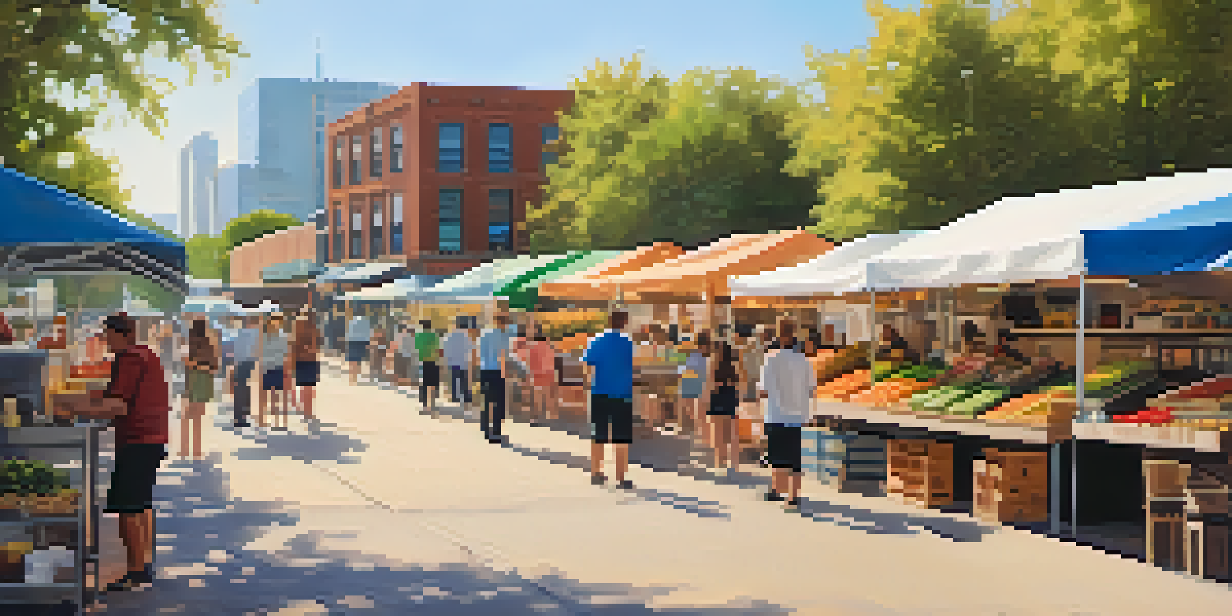 A lively outdoor food market with colorful food trucks and people enjoying food at picnic tables under warm sunlight.