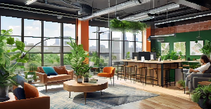 A bright and modern co-working space in Austin with natural light, greenery, and diverse individuals collaborating.